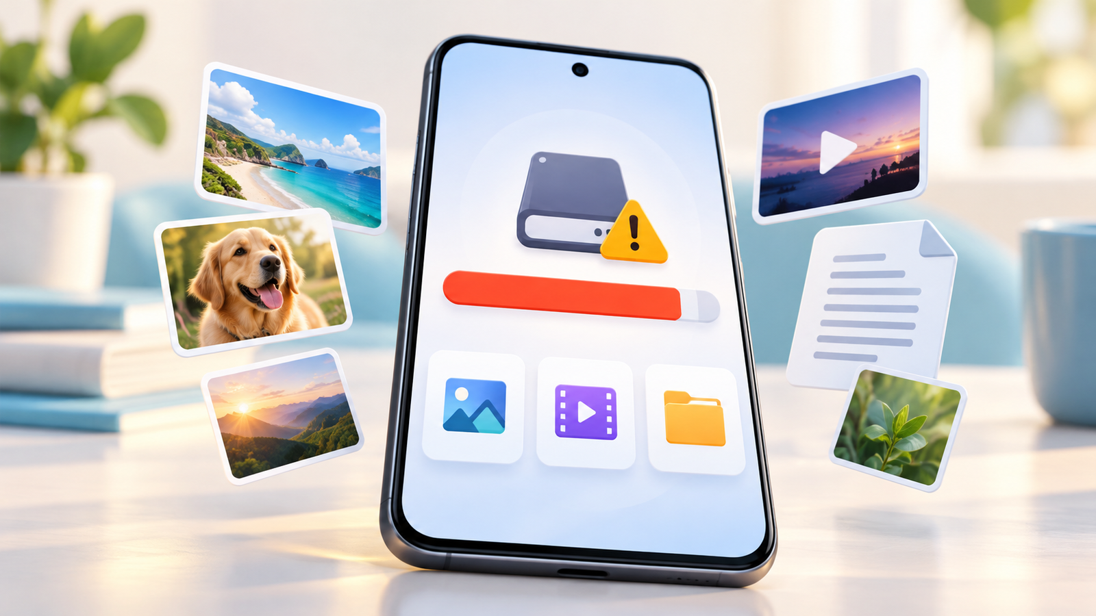 Minh họa điện thoại Android đầy bộ nhớ với thanh dung lượng gần đầy cùng ảnh, video và tài liệu.